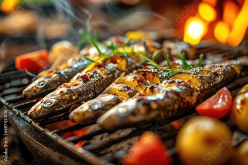Grilled sardines with peppers, olive oil, and bread. Traditional Portuguese food, typical of popular festivals, popular saints Portugal photo