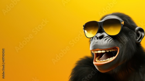 Funny laughing chimpanzee with sunglasses cartoon style on bright yellow background with lots of copy space created with Generative AI