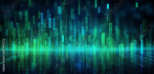 Radiant neon light design with a cascade of blue and green digital pixels on a matrix-style 3D background