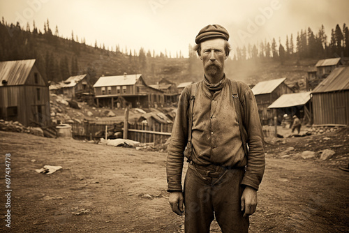 intage Photograph of a Man Standing in Front of a Old Town photo