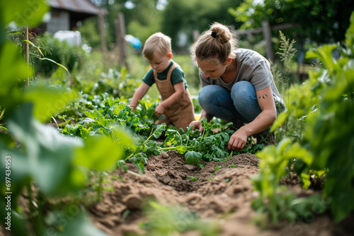 Tending to a garden as a family, leaving room for a note about nurturing growth