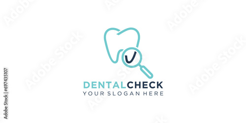 Medical dental care logo and checking check mark with magnifying glass. Medical Dental Care logo design