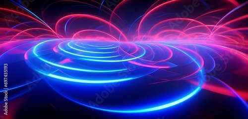 Vibrant neon light design with interlocking circles in red and blue, creating a hypnotic 3D texture