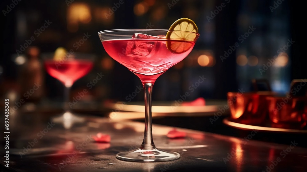 Alcoholic Cosmopolitan cocktail served in an exclusive glass - obrazy, fototapety, plakaty 