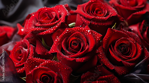 Red roses with water drops on a black background  close-up