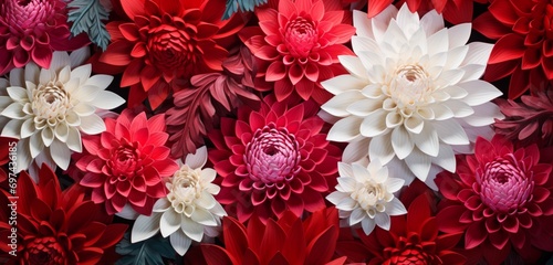 Vibrant tropical floral pattern featuring red dahlias and white hydrangeas on a wave patterned 3D wall surface