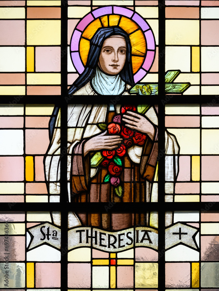St Thérèse of Lisieux. A stained-glass window in Église Saint-Laurent (St Lawrence's Church), Strassen, Luxembourg.