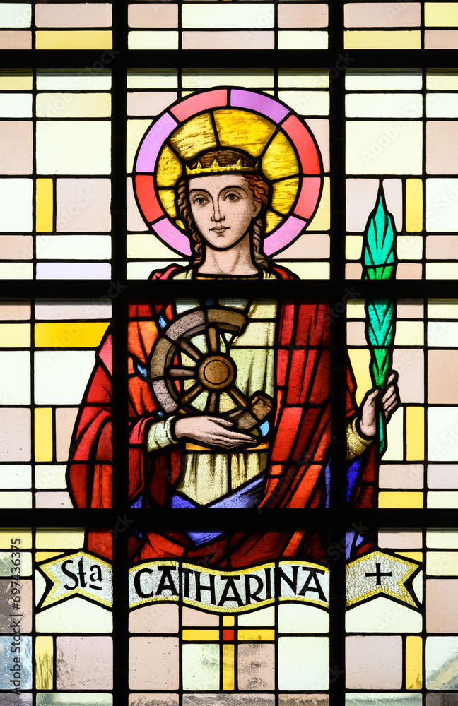 St Catherine of Alexandria. A stained-glass window in Église Saint-Laurent (St Lawrence's Church), Strassen, Luxembourg.