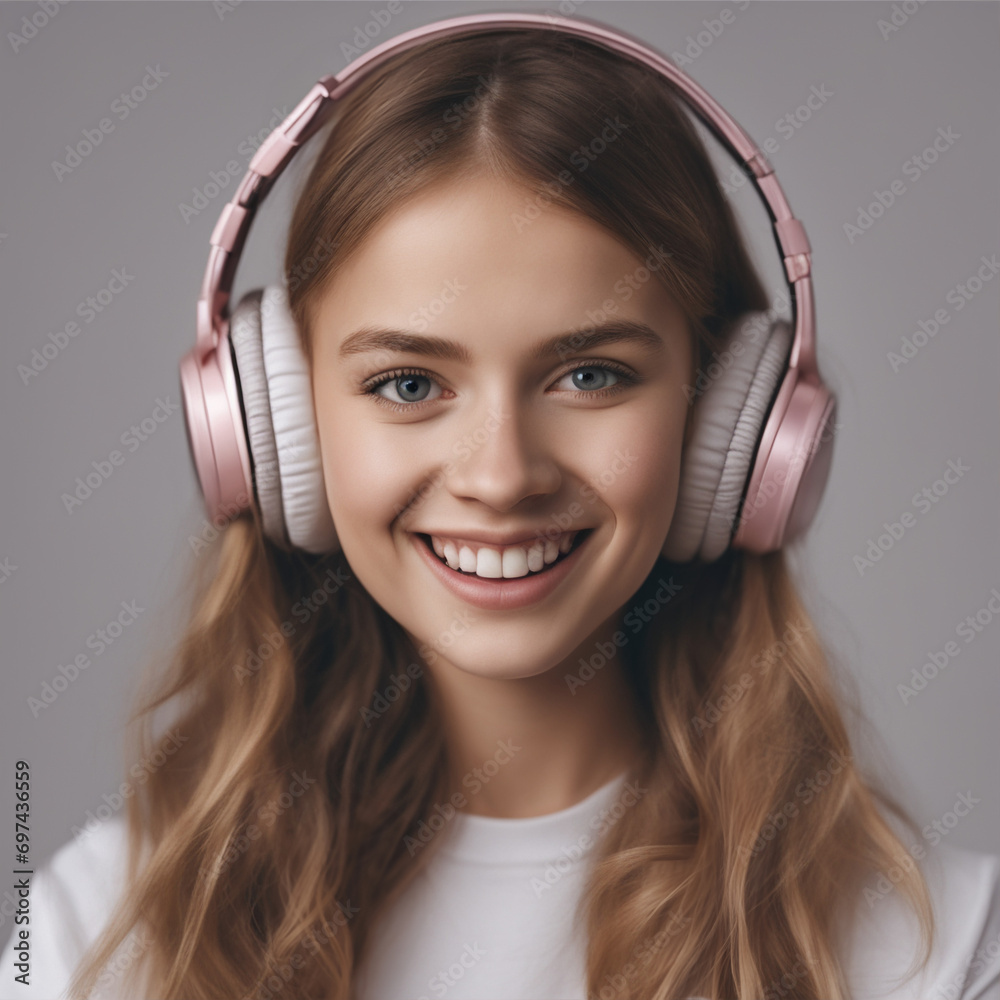 Dziewczyna z różowymi słuchawkami  - obrazy, fototapety, plakaty 