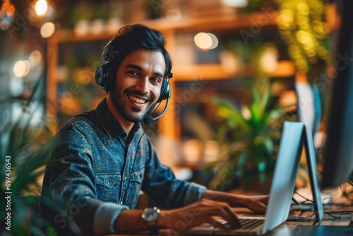 Smiling happy Indian call center agent wearing headset talking to client, contract service telemarketing operator using laptop having conversation working in customer tech assistance support office.