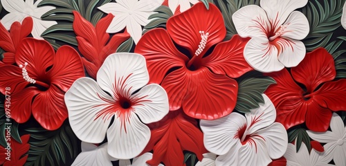 Vibrant tropical floral pattern with red and white hibiscus on a linear 3D wall texture photo