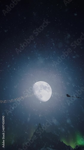 Wallpaper Mural Santa flying in his sleigh with his reindeer against the background of the moon. Santa's flight above the clouds. Concept for the theme of the New Year. Santa delivers gifts. Vertical video Torontodigital.ca