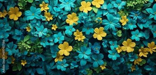 Vibrant tropical floral pattern background with cyan forget-me-nots and olive drab grass on a 3D wool wall photo