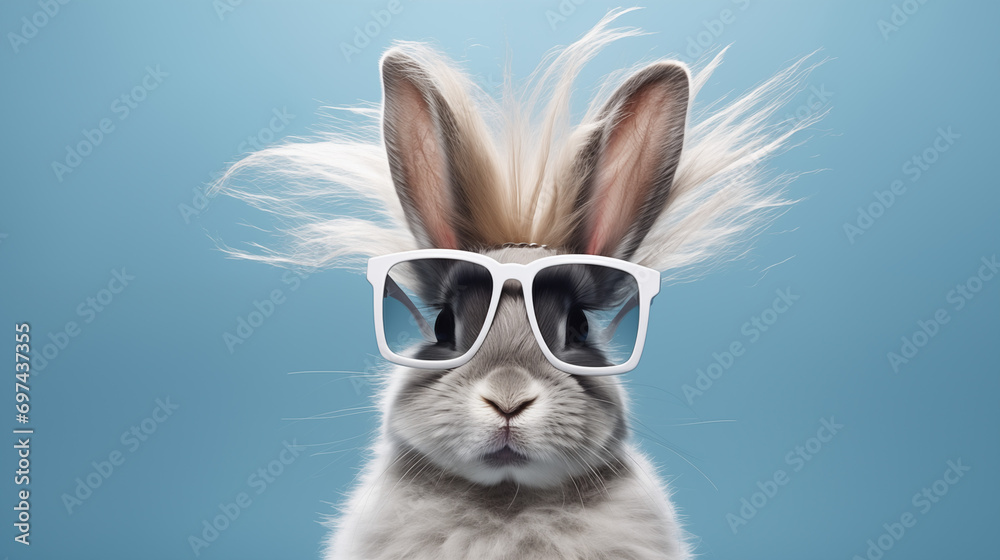 Fashion portrait of an anthropomorphic animal rabbit wearing glasses posing with a charismatic human attitude