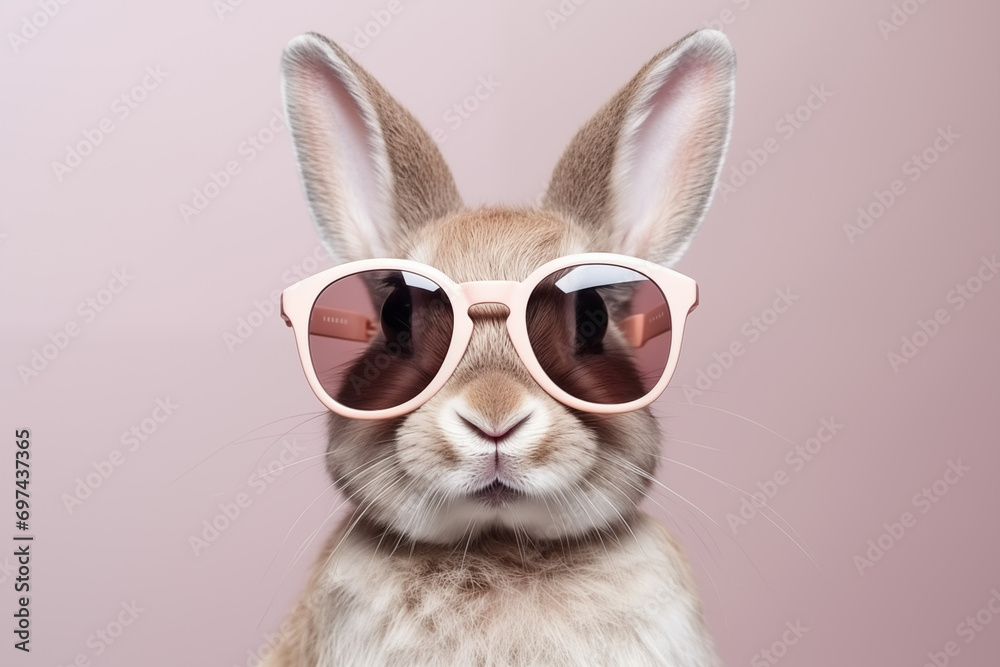 Banner. Cool bunny wearing glasses with copy space as business advertising concept, generative AI