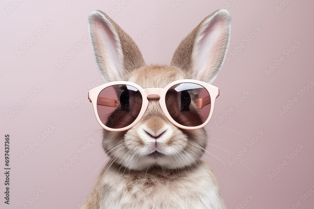 Fototapeta premium Banner. Cool bunny wearing glasses with copy space as business advertising concept, generative AI