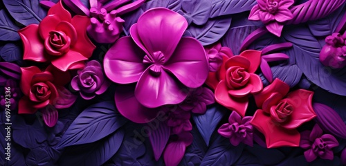 Vibrant tropical floral pattern background with magenta roses and sapphire irises on a 3D limestone wall