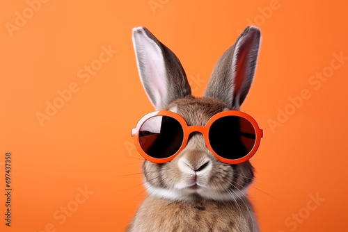 Banner. Cool bunny wearing glasses with copy space as business advertising concept, generative AI