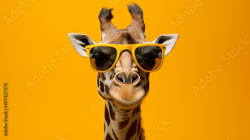 Cool giraffe in sunglasses on a yellow background as a business advertising concept, with copy space