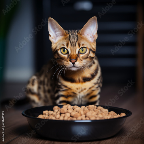 A Bengal cat stands near a bowl of food. Dry food for cats.