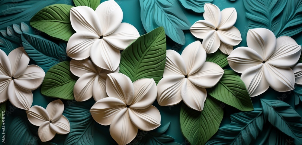 Vibrant tropical floral pattern background with pearl gardenias and basil green vines on a 3D leather wall