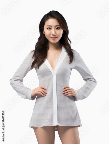 Beautiful Japanese female model with pure white skin, as a clothing model photo, beautiful smile expression, full body photo, graceful pose, studio photo, isolated white background photo