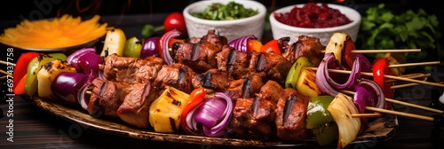 Moroccan Beef Kebab on Skewers, Traditional Arabian Food, Mutton Shashlik, Skewered Grilled Veal Meat photo