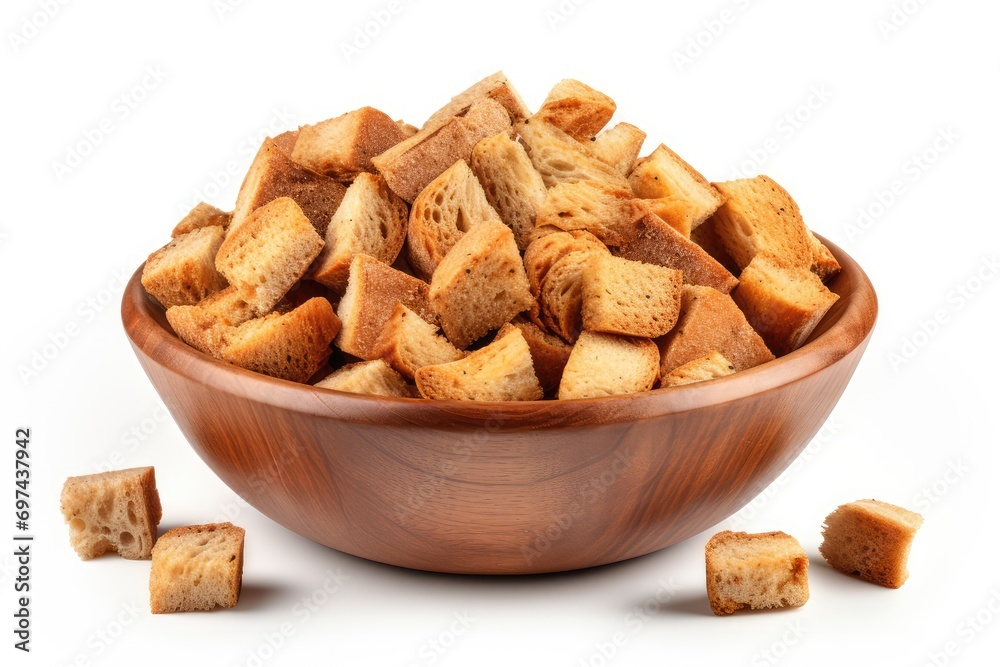 Rye Croutons in Wood Bowl Isolated, Homemade Brown Bread Rusks, Crispy Bread Cubes Pile Rye Croutons in Wood Bowl Isolated, Homemade Brown Bread Rusks, Crispy Bread Cubes Pile