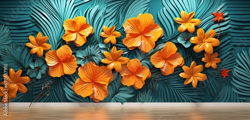 Vibrant tropical floral pattern background with tangerine marigolds and aquamarine ferns on a 3D corrugated metal wall