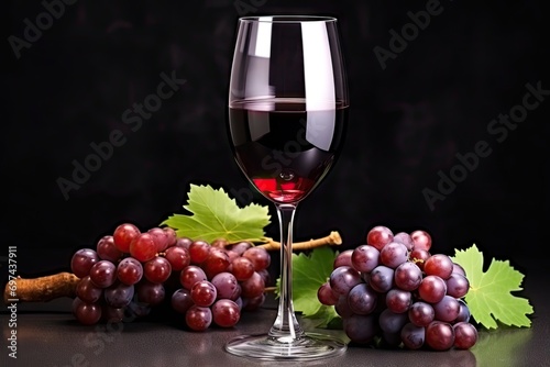 Red Wine Glass and Grapes Bunch Isolated, Red Wine on White Background, Grapevine