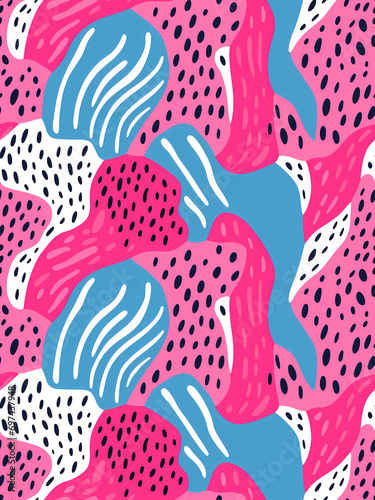 Abstract seamless pattern with dotted scales in hot pink, white and blue colors. Organic repeating background pattern with hand drawn details. For graphic design, printing, packaging paper