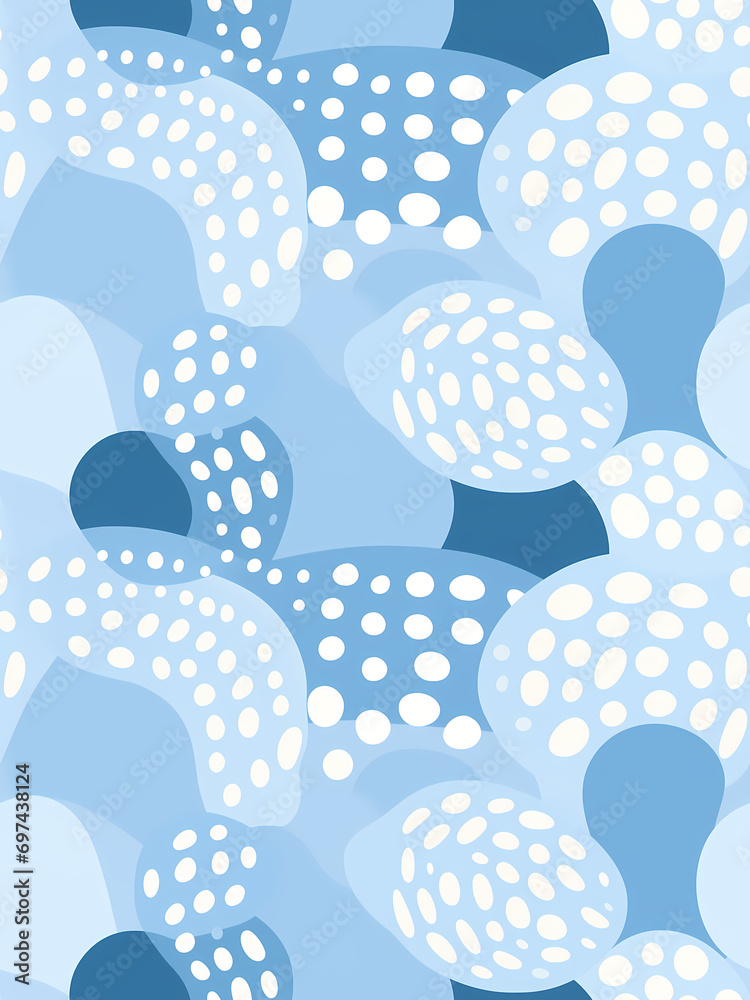 Abstract seamless pattern with hand drawn organic rounded shapes and dots in blue and light blue colors. Repeating pattern for background, graphic design, print, interior, packaging paper