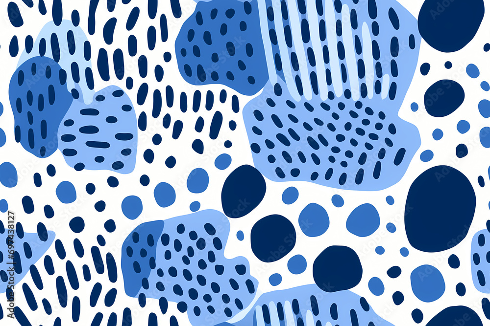 Abstract seamless pattern with hand drawn organic rounded shapes and dots in blue, dark blue colors on white background. Repeating pattern for graphic design, print, interior, packaging paper - obrazy, fototapety, plakaty 
