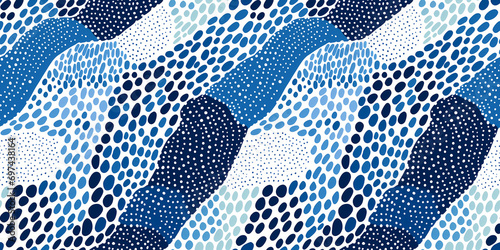 Abstract seamless pattern with hand drawn flowing organic shapes, dots blue and light blue water colors. Repeating pattern for background, graphic design, print, poster, interior, packaging paper © Milan
