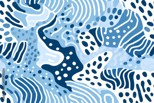 Abstract seamless pattern with hand drawn organic rounded shapes, fluid curves, lines and dots in blue and light blue colors. Repeating pattern for background, graphic design