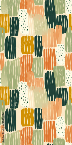 Abstract seamless pattern with hand drawn rounded rectangle shapes with stripes and dots in Moss Green, Sand Beige, Terracotta colors. Repeating pattern for graphic design, print, packaging paper