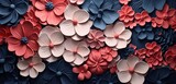 Vibrant tropical floral pattern background showcasing coral begonias and navy blue hydrangeas on a 3D plaster wall