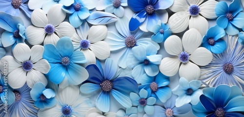 Vibrant tropical floral pattern with blue violets and white anemones on a roughened 3D wall surface photo