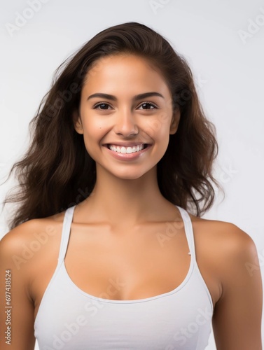 Portrait of a beautiful young Latin woman with clean white skin wearing a tank top, as a beauty model photo, beautiful smile expression © Ahmad 