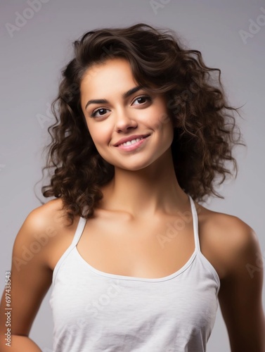 Portrait of a beautiful young Latin woman with clean white skin wearing a tank top, as a beauty model photo, beautiful smile expression