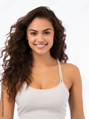 Portrait of a beautiful young Latin woman with clean white skin wearing a tank top  as a beauty model photo  beautiful smile expression