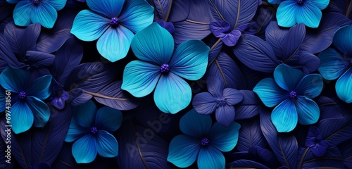 Vibrant tropical floral pattern background featuring sapphire blue violets and dark ferns on a 3D leather wall