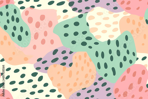 Seamless Pattern with abstract rounded shapes and dots in pastel green, orange, purple, beige and white colors. Abstract organic repeating pattern with hand drawn details