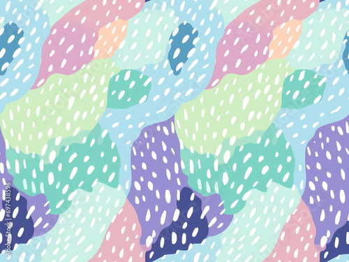 Seamless Pattern with abstract rounded shapes and dots in coral, purple, green, light, yellow and white colors. Abstract organic repeating pattern with hand drawn details