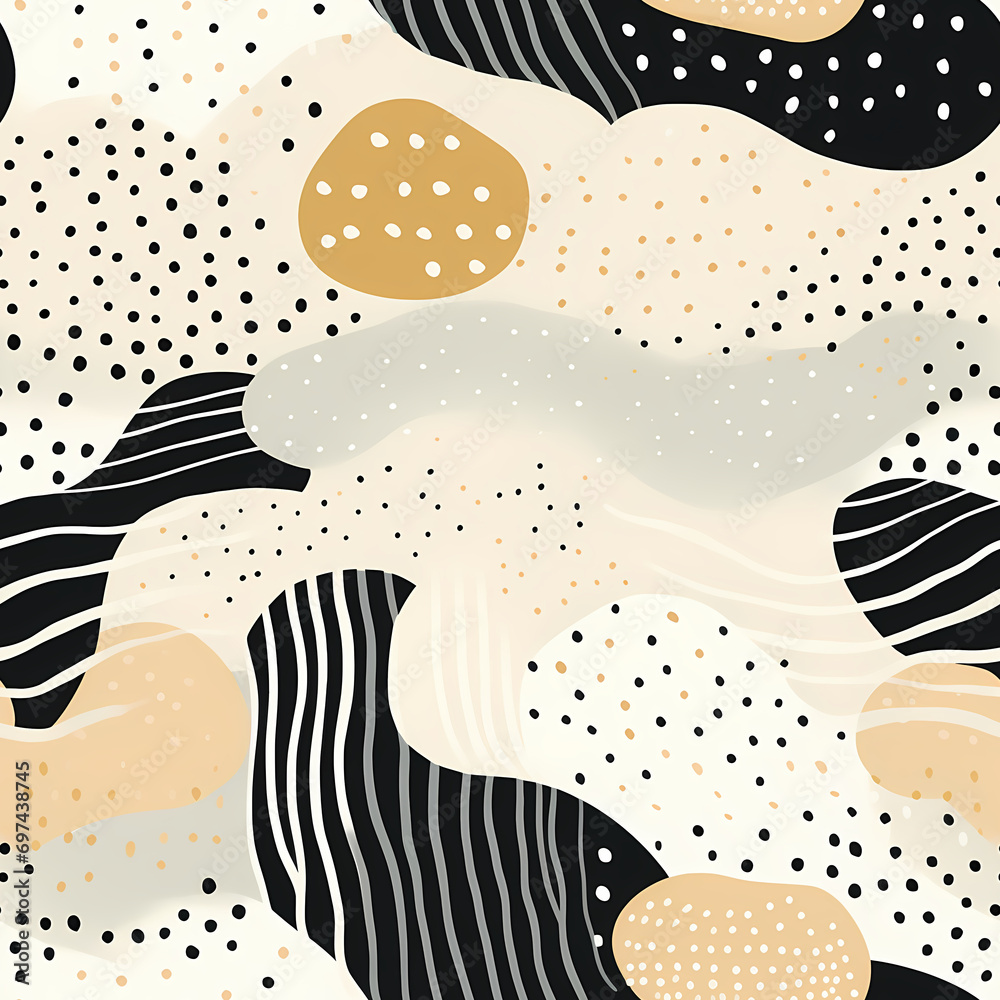 Abstract seamless pattern with organic rounded shapes with dots in beige, orange, yellow, white and black colors. Repeating pattern for background, graphic design, print, interior, paper