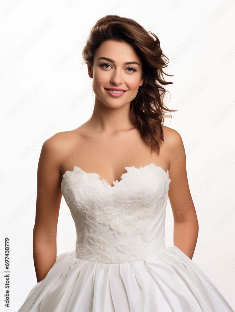 Portrait of a wedding dress model, beautiful pure white female model, as a photo of a tasseled dress model, beautiful smiling expression, graceful pose, studio photo, isolated white background Portrait of a wedding dress model, beautiful pure white female model, as a photo of a tasseled dress model, beautiful smiling expression, graceful pose, studio photo, isolated white background