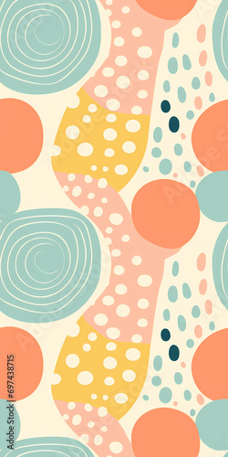 Abstract seamless pattern with rounded shapes and dots in green, pink, blue, yellow, beige, pink, red colors. Repeating pattern for background, graphic design, print, interior, paper
