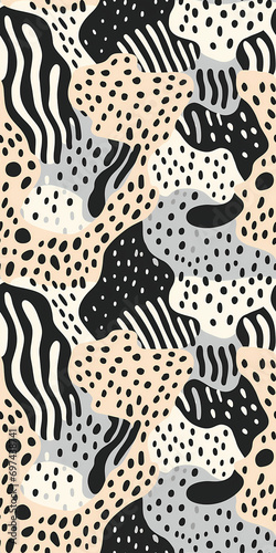 Abstract seamless pattern with fluid organic rounded shapes and stripes  dots in gray  beige  yellow  black colors. Monochrome flat repeating pattern for graphic design  print  packaging paper
