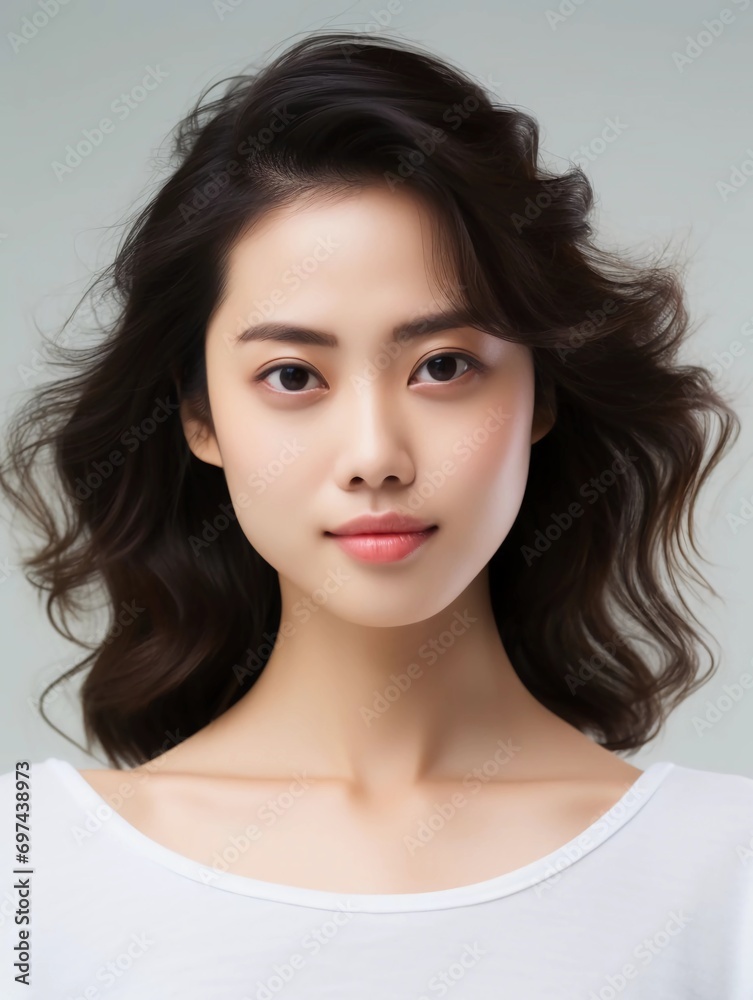 Portrait of white and clean young Japanese female beauty model, graceful posing, studio photo, isolated white background, AI Generative Portrait of white and clean young Japanese female beauty model, graceful posing, studio photo, isolated white background, AI Generative