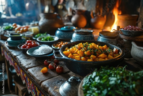 Savoring Tradition: A Chef’s Journey in Morocco’s Traditional Kitchen, Preparing an Aromatic Tagine That Captures the Essence of Moroccan Cooking.